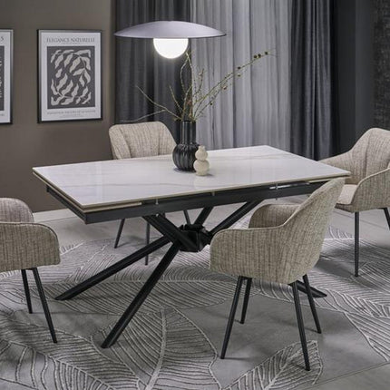 Masa extensibila VITORINO, alb cu efect de marmura/negru, piatra sinterizata/otel, 160/220x90x75 cm