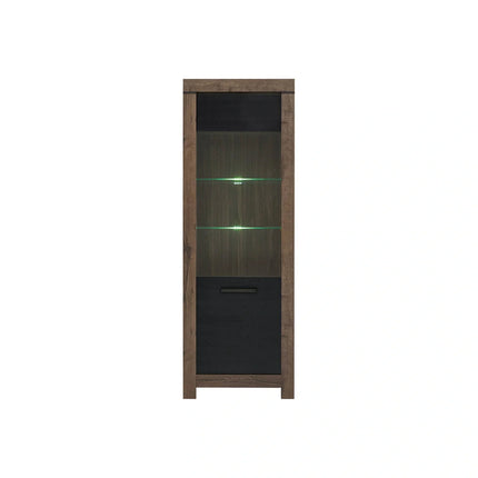 Vitrina BALIN, stejar/negru, PAL/sticla, cu iluminare LED, 68x40x197 cm