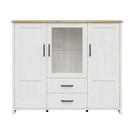 Vitrina LOKSA, alb/stejar, PAL laminat/sticla, cu iluminare LED, 160x43x135 cm