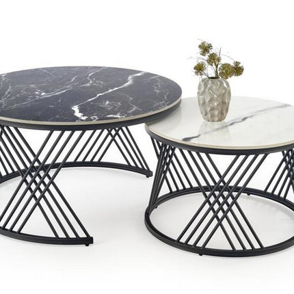 Set 2 masute cafea FLAMINGO, negru cu efect de marmura/alb cu efect de marmura/negru, piatra sinterizata/metal