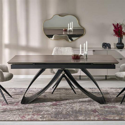 Masa extensibila HILARIO, nuc/negru, piatra sinterizata/otel, 180/260x90x75 cm