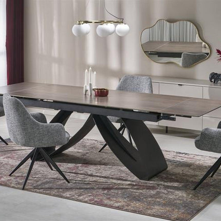 Masa extensibila HILARIO, nuc/negru, piatra sinterizata/otel, 180/260x90x75 cm