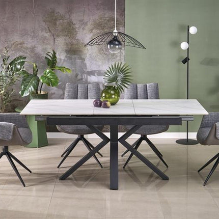 Masa extensibila PLATAN, alb cu efect de marmura/negru, piatra sinterizata/otel, 140/180x85x76 cm