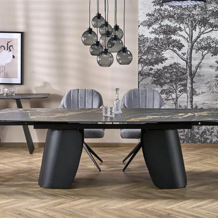 Masa extensibila FORUM, negru cu efect de marmura/negru, piatra sinterizata/otel, 180/260x90x76 cm