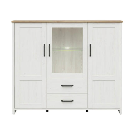 Vitrina LOKSA, alb/stejar, PAL laminat/sticla, cu iluminare LED, 160x43x135 cm