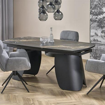 Masa extensibila FORUM, negru cu efect de marmura/negru, piatra sinterizata/otel, 180/260x90x76 cm