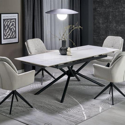 Masa extensibila VITORINO, alb cu efect de marmura/negru, piatra sinterizata/otel, 160/220x90x75 cm