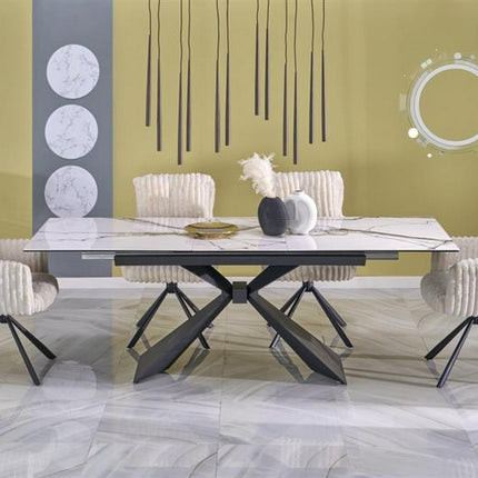 Masa extensibila LUCIANO, alb cu efect de marmura/negru, ceramica/sticla/otel, 180/230x90x76 cm