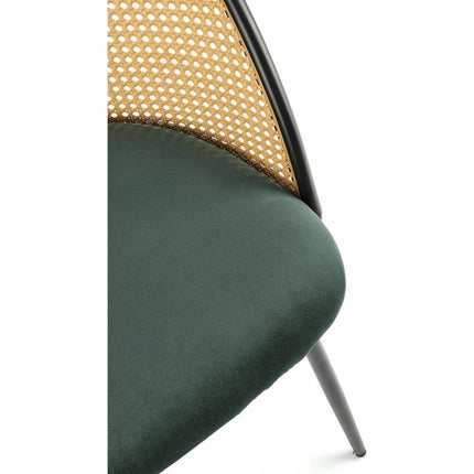 Scaun K508, verde inchis/negru, stofa catifelata/rattan sintetic, 54x57x78 cm