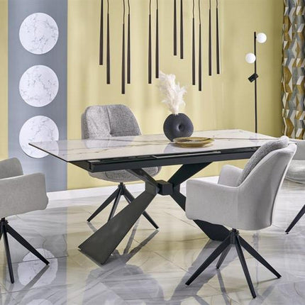Masa extensibila LUCIANO, alb cu efect de marmura/negru, ceramica/sticla/otel, 180/230x90x76 cm