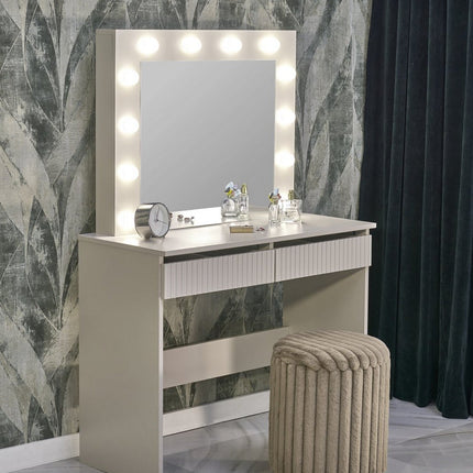 Masa de toaleta HOLLYWOOD 2, casmir, PAL laminat, cu oglinda si iluminare LED, 94x43x140 cm