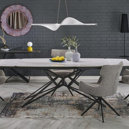 Masa extensibila ALFREDO, alb cu efect de marmura/negru, piatra sinterizata/otel, 160-240x91x76 cm