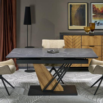 Masa extensibila VOLANT, negru cu efect de marmura/stejar auriu, piatra sinterizata/otel, 140/180x90x76 cm