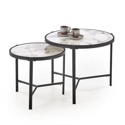 Set 2 masute cafea FATIMA, alb cu efect de marmura/negru, ceramica/metal