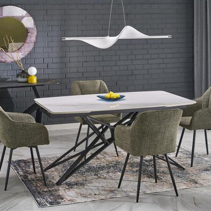 Masa extensibila ALFREDO, alb cu efect de marmura/negru, piatra sinterizata/otel, 160-240x91x76 cm