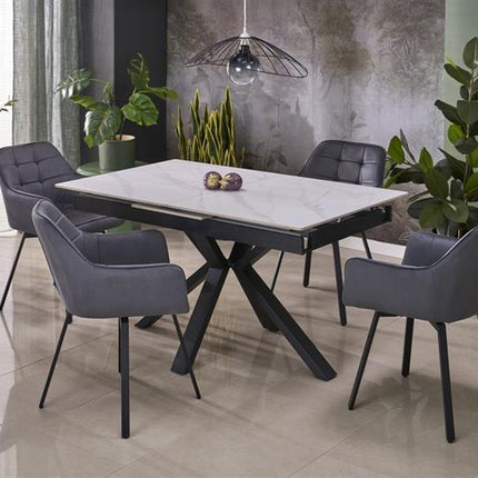 Masa extensibila PLATAN, alb cu efect de marmura/negru, piatra sinterizata/otel, 140/180x85x76 cm