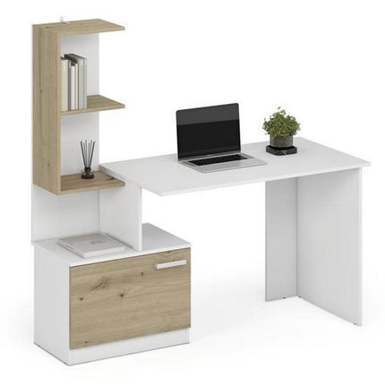 Birou MISO, alb/stejar artisan, PAL laminat, 144x60x142 cm