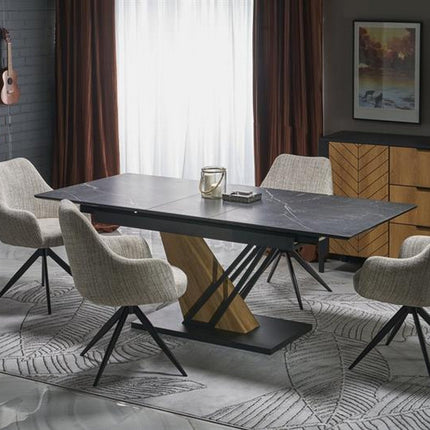 Masa extensibila VOLANT, negru cu efect de marmura/stejar auriu, piatra sinterizata/otel, 140/180x90x76 cm