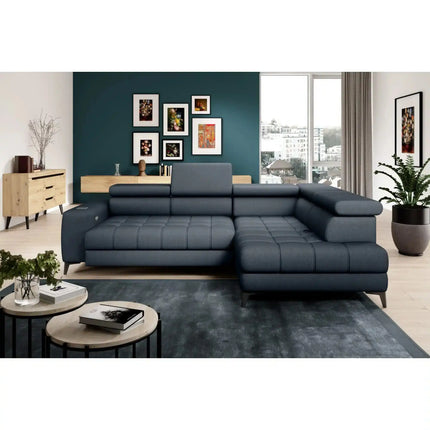 Coltar BAGGIO, sezlong dreapta, stofa catifelata verde inchis - Terra 75, reglaj electric, incarcator wireless, lada depozitare, tetiere reglabile, 280x196x76/100 cm