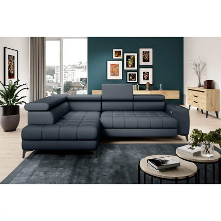 Coltar BAGGIO, sezlong stanga, stofa catifelata verde - Riviera 38, cu reglaj electric, incarcator wireless, lada depozitare si tetiere reglabile, 280x196x100 cm