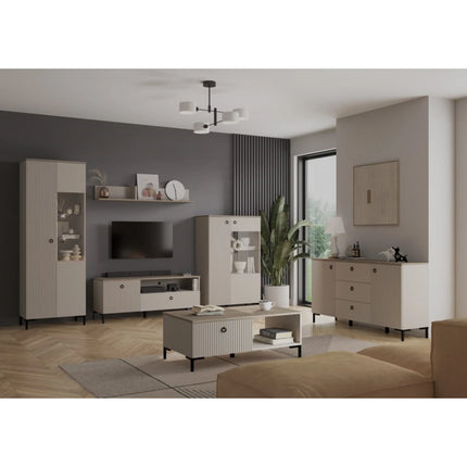 Vitrina pentru living DOMINICA, grej/stejar, PAL laminat, cu iluminare LED, 70x41x199 cm
