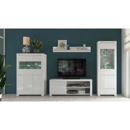 Vitrina living moderna LINGO, alb lucios, PAL laminat, cu iluminare LED, 68x42x202 cm