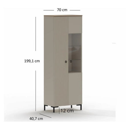Vitrina pentru living DOMINICA, grej/stejar, PAL laminat, cu iluminare LED, 70x41x199 cm