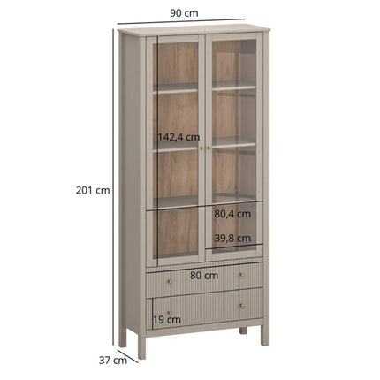 Vitrina pentru living KLEO, taupe, PAL laminat, cu iluminare LED, 90x37x201 cm