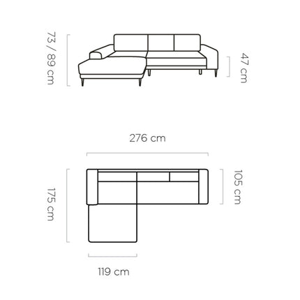 Coltar CAPITOL extensibil, sezlong dreapta, stofa catifelata gri - Whisper 17, cu lada depozitare, 276x175x89 cm