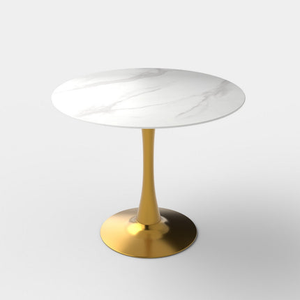 Masa rotunda CASEMIRO, alb/auriu, sticla, 90x75 cm