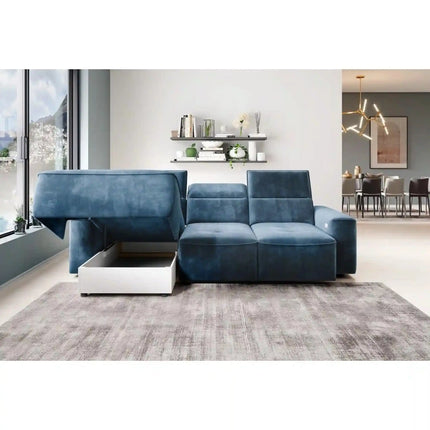 Coltar COLOMBO MINI, sezlong stanga, stofa catifelata maro deschis - Palladium 4, cu reglaj electric, tetiere reglabile si lada depozitare, 275x182x103 cm