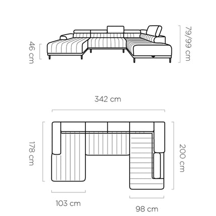 Coltar extensibil CALDO XL, personalizabil, lada depozitare, tetiere reglabile, 342x200x79/99 cm