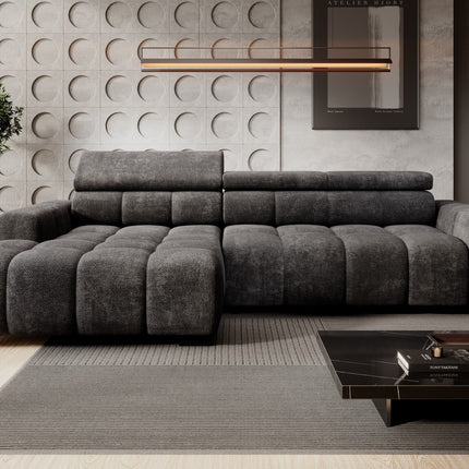 Coltar BULL S, sezlong stanga, stofa catifelata gri inchis - Salvador 15, cu reglaj electric si tetiere reglabile, 285x168x97 cm