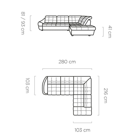 Coltar extensibil INFINITY L, personalizabil, lada depozitare, tetiere reglabile, 280x216x81/93 cm