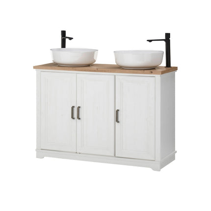 Dulap baie JASMIN, alb/stejar artisan, PAL, cu 3 usi, fara lavoar, 116x47x74 cm