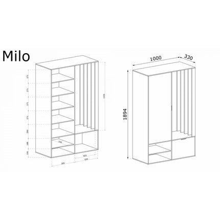 Set hol MILO UNI, gri grafit, PAL laminat/metal, 100x33x189.4 cm