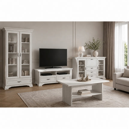 Mobilier living IDENTO 6, alb, format din 2 vitrine, masuta cafea si comoda TV