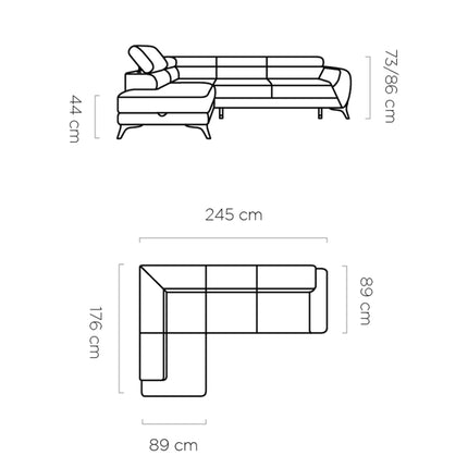 Coltar extensibil MONTEGIO, personalizabil, lada depozitare, tetiere reglabile, 245x176x73/86 cm