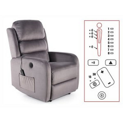 Fotoliu recliner PEGAZ M, stofa catifelata gri, functie masaj, 64x88x102 cm