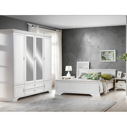 Set mobilier dormitor IDENTO 3, alb, PAL melaminat, cu pat 160x200, dulap cu 6 usi si 2 sertare si noptiere