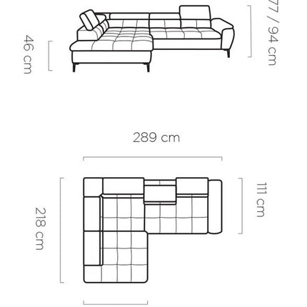 Coltar extensibil TEMPO NEW, personalizabil, cu lada depozitare si tetiere reglabile, 289x218x94 cm
