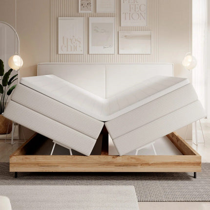 Pat boxspring NEBIA 140x200, personalizabil, cu saltele, topper si lada pentru depozitare