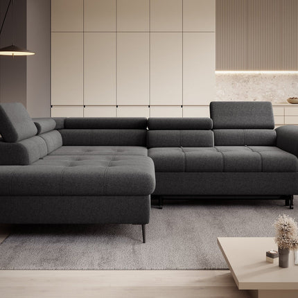 Coltar extensibil TEMPO NEW, personalizabil, cu lada depozitare si tetiere reglabile, 289x218x94 cm
