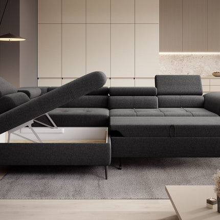 Coltar extensibil TEMPO NEW, personalizabil, cu lada depozitare si tetiere reglabile, 289x218x94 cm