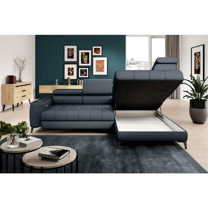 Coltar BAGGIO, sezlong dreapta, stofa catifelata verde inchis - Terra 75, reglaj electric, incarcator wireless, lada depozitare, tetiere reglabile, 280x196x76/100 cm