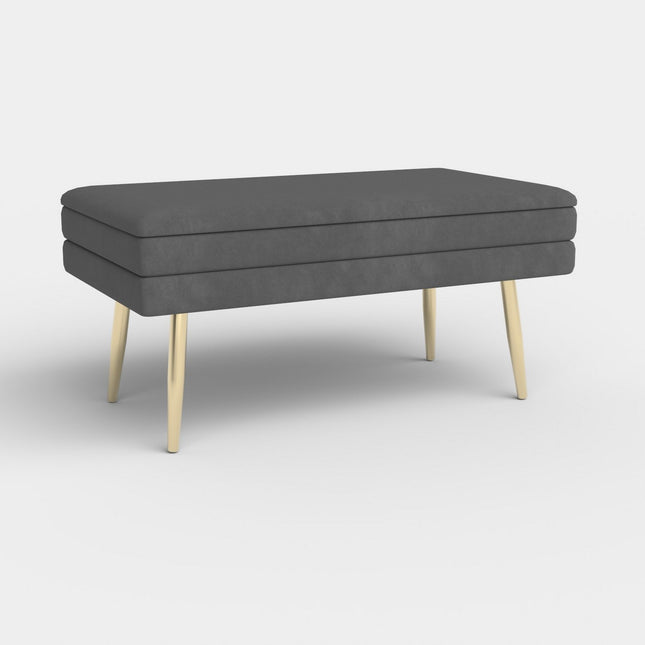 Banca cu spatiu pentru depozitare Velva, catifea gri si picioare aurii, 78x35x40 cm