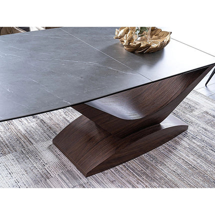 Masa extensibila DOLCE, sticla/ceramica/MDF, gri mat/nuc, 180-240x95x76 cm