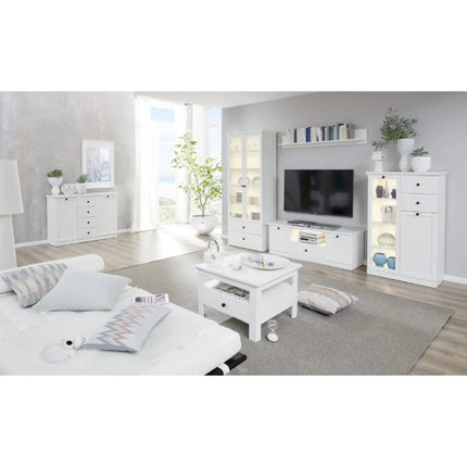 Vitrina living moderna BRANDSON, alb, PAL laminat, cu iluminare led, 81x41x196 cm