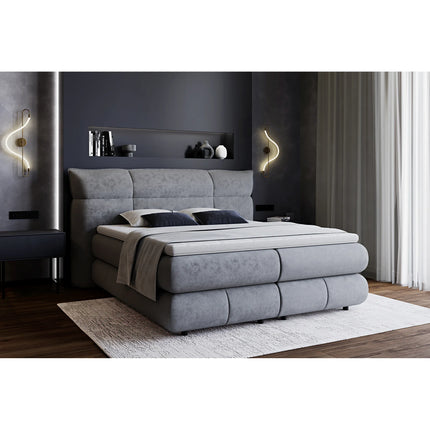 Pat boxspring CARMELO 160x200, personalizabil, cu saltea, topper si lada depozitare