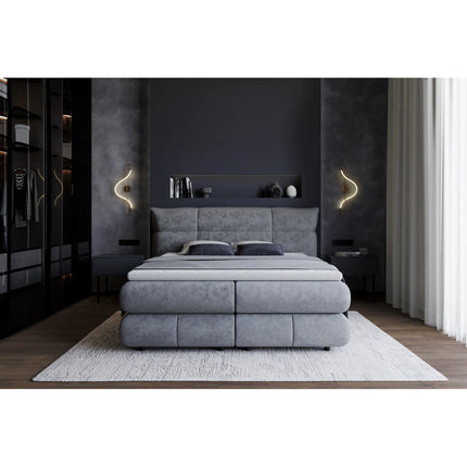 Pat boxspring CARMELO 160x200, personalizabil, cu saltea, topper si lada depozitare